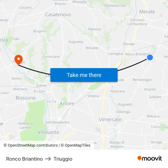 Ronco Briantino to Triuggio map
