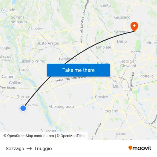 Sozzago to Triuggio map