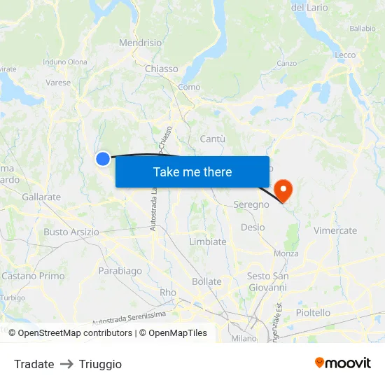 Tradate to Triuggio map