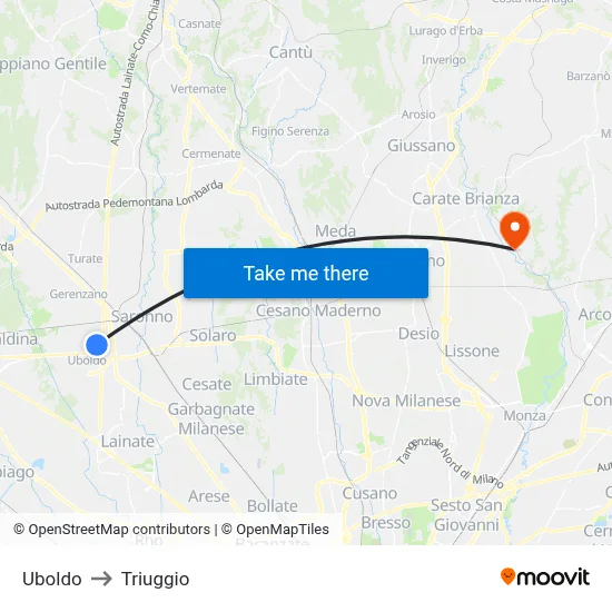 Uboldo to Triuggio map