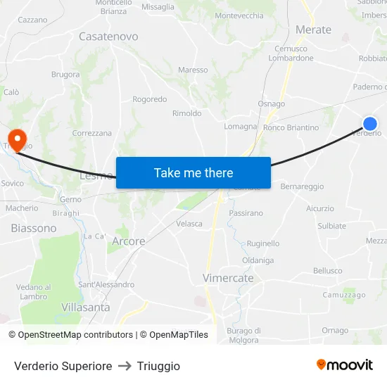 Verderio Superiore to Triuggio map