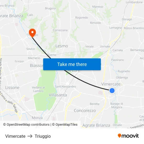 Vimercate to Triuggio map