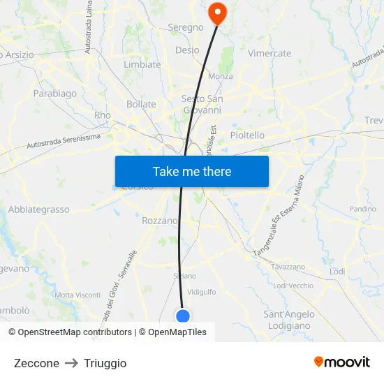 Zeccone to Triuggio map