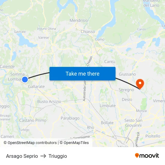 Arsago Seprio to Triuggio map