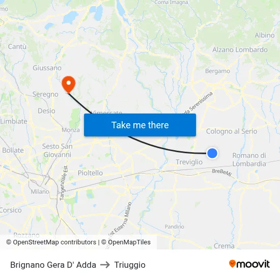 Brignano Gera D' Adda to Triuggio map