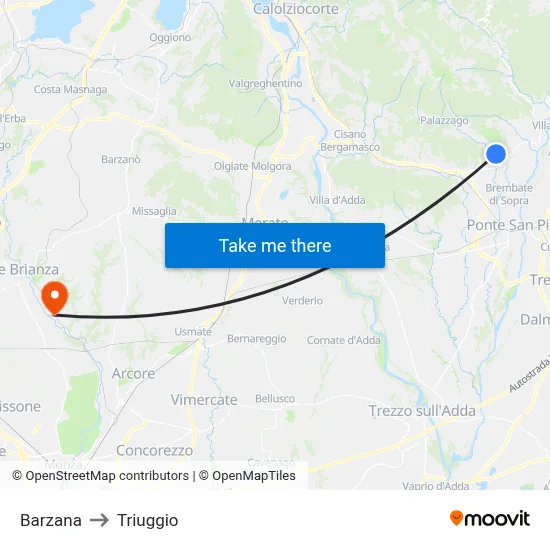 Barzana to Triuggio map