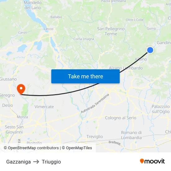 Gazzaniga to Triuggio map