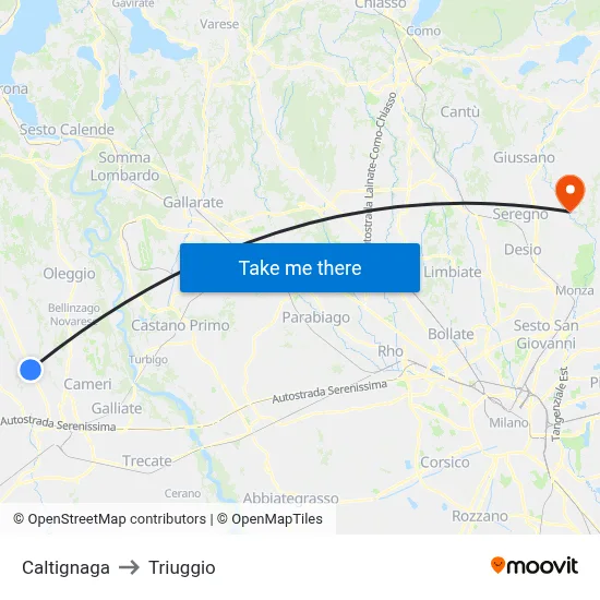 Caltignaga to Triuggio map
