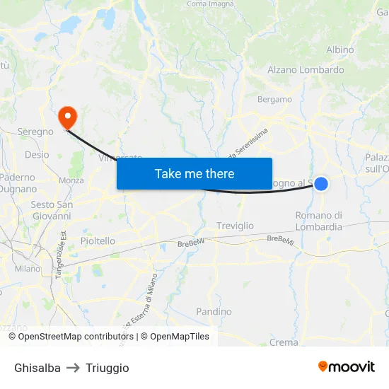 Ghisalba to Triuggio map