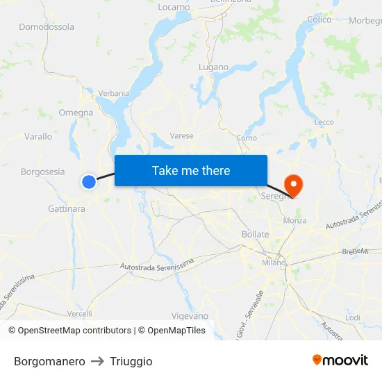 Borgomanero to Triuggio map