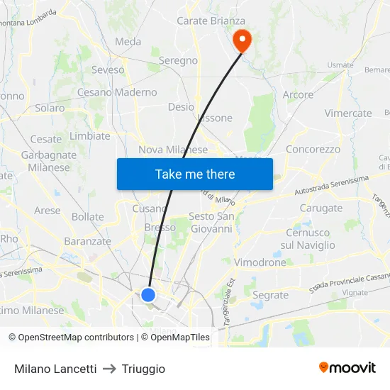 Milano Lancetti to Triuggio map