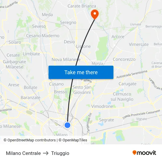 Milan Central to Triuggio map