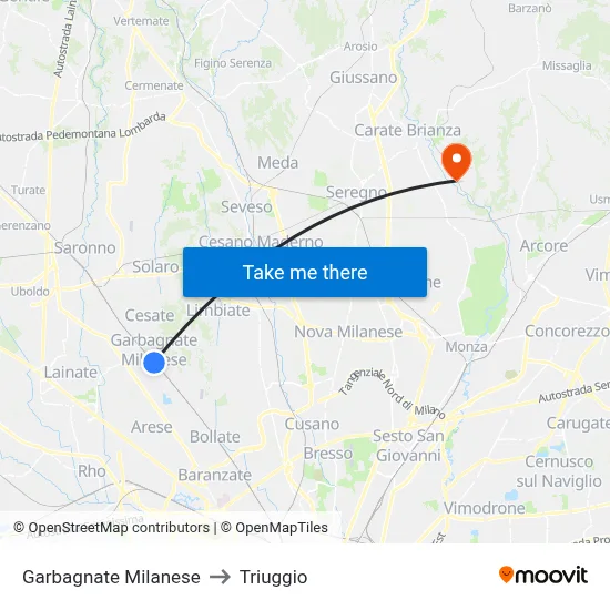 Garbagnate Milanese to Triuggio map