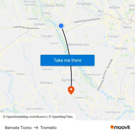 Bernate Ticino to Tromello map