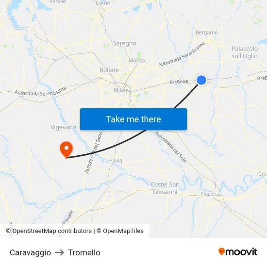 Caravaggio to Tromello map