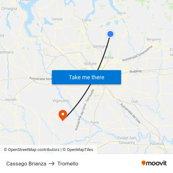 Cassago Brianza to Tromello map