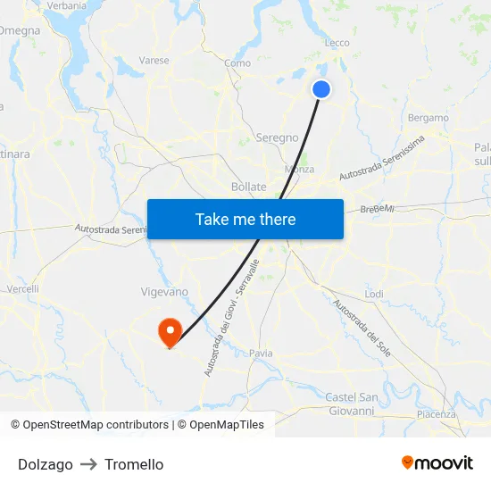 Dolzago to Tromello map