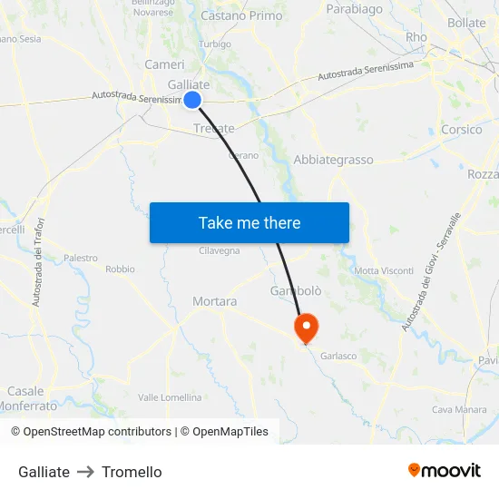 Galliate to Tromello map