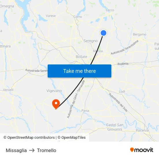 Missaglia to Tromello map