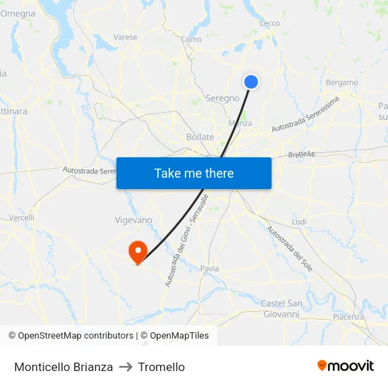 Monticello Brianza to Tromello map