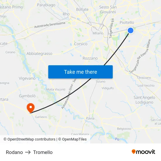 Rodano to Tromello map