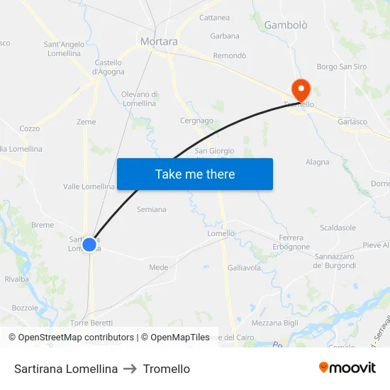 Sartirana Lomellina to Tromello map