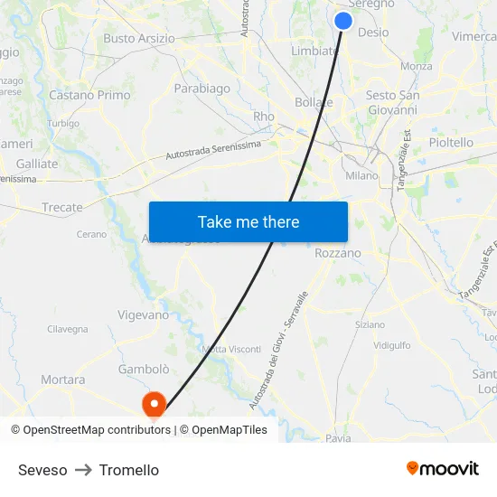 Seveso to Tromello map
