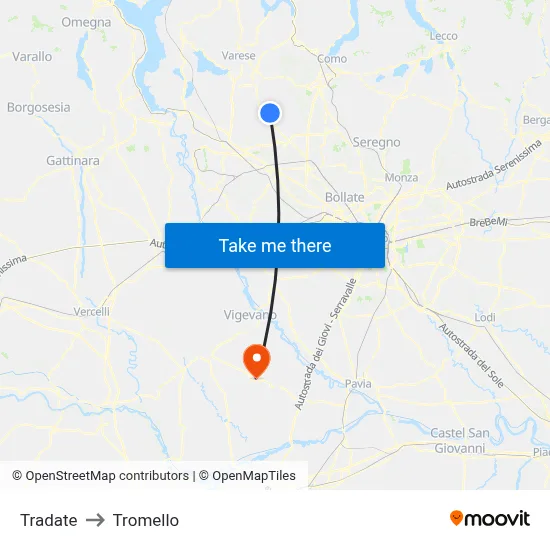 Tradate to Tromello map