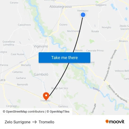Zelo Surrigone to Tromello map
