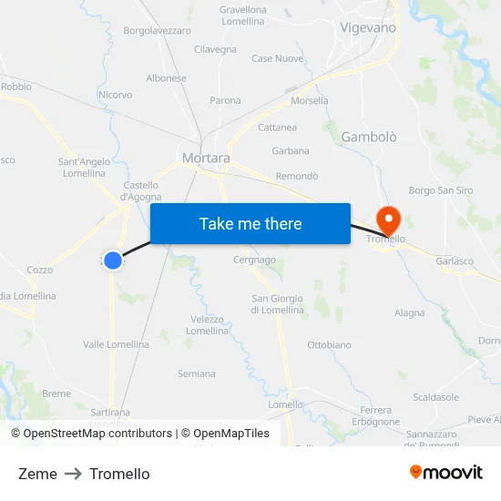Zeme to Tromello map