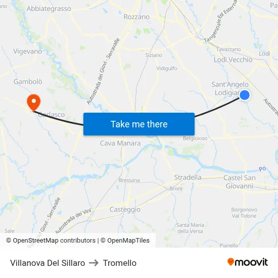 Villanova Del Sillaro to Tromello map