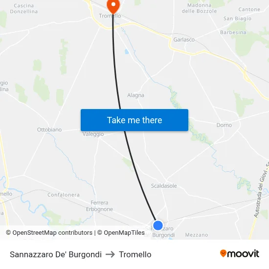 Sannazzaro De' Burgondi to Tromello map