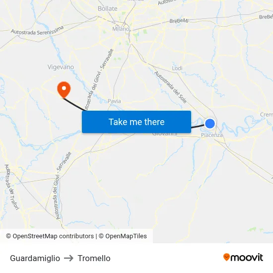 Guardamiglio to Tromello map