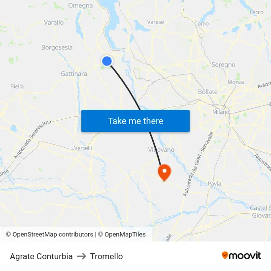 Agrate Conturbia to Tromello map
