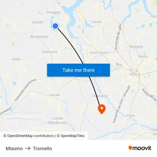 Miasino to Tromello map
