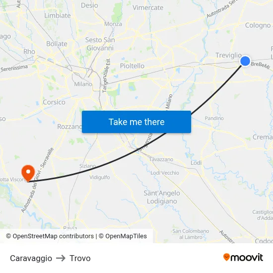 Caravaggio to Trovo map