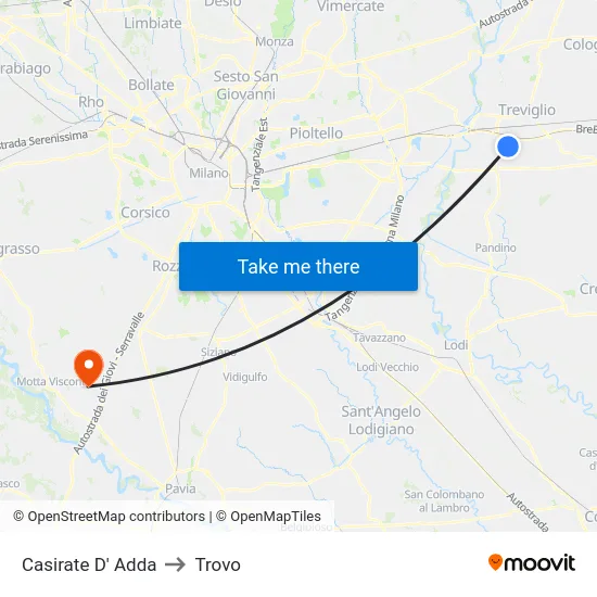 Casirate d'Adda to Trovo map