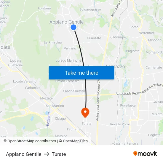 Appiano Gentile to Turate map