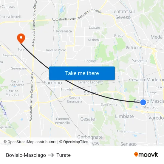 Bovisio-Masciago to Turate map