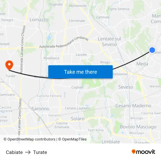Cabiate to Turate map