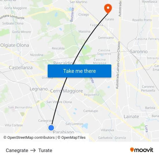Canegrate to Turate map