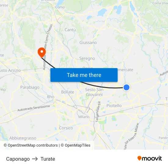 Caponago to Turate map