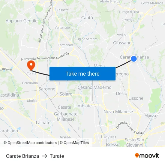 Carate Brianza to Turate map