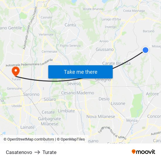 Casatenovo to Turate map