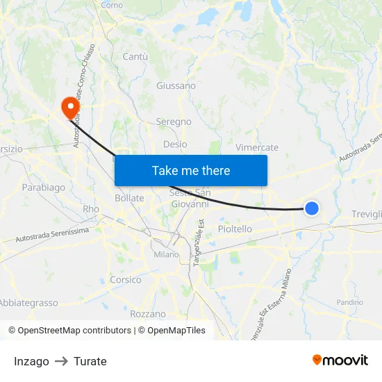 Inzago to Turate map