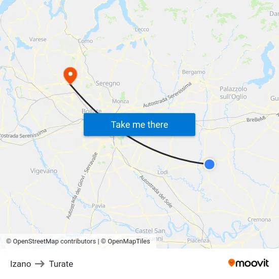 Izano to Turate map