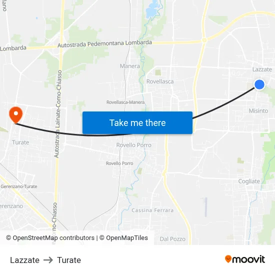 Lazzate to Turate map