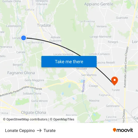 Lonate Ceppino to Turate map