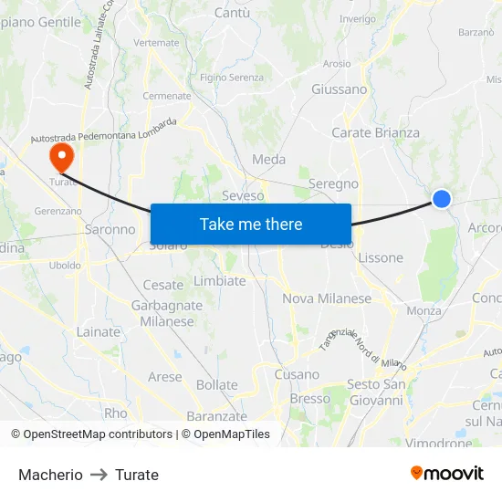 Macherio to Turate map