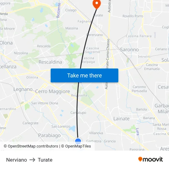 Nerviano to Turate map